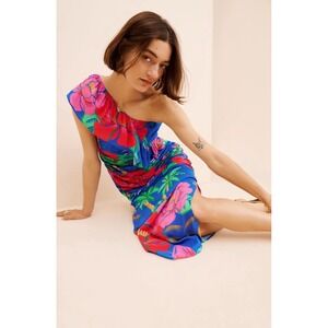 Farm Rio Floral One Shoulder Ruched MIDI Dress Tropical Colorful Size Large EUC